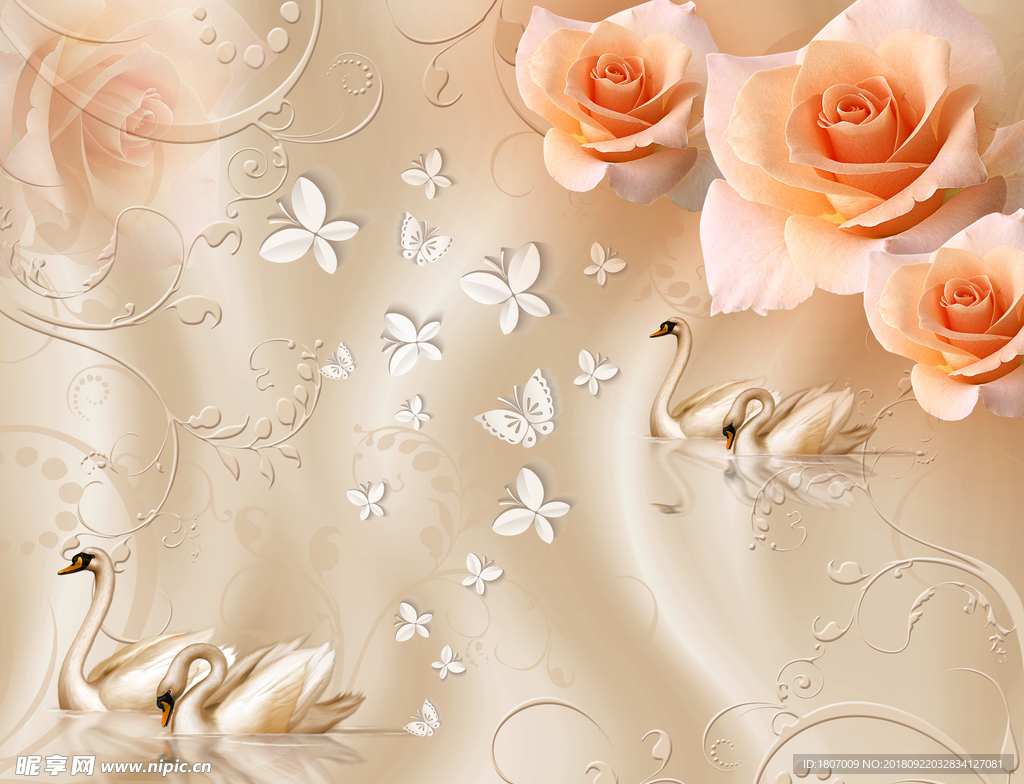 天鹅花卉3D背景墙装饰画