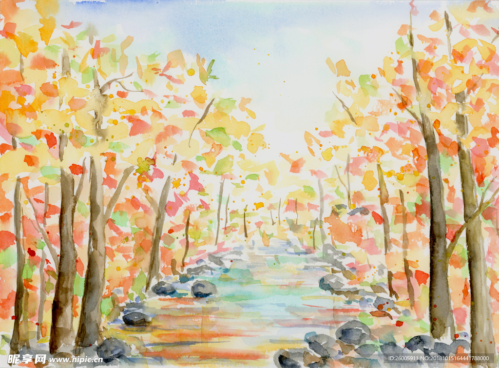 手绘秋季树林 树林水彩画