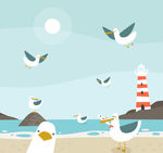 卡通沙滩边的海鸥