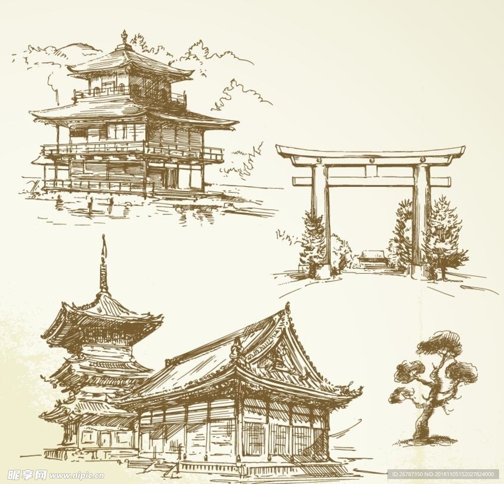 矢量手绘日本古建筑
