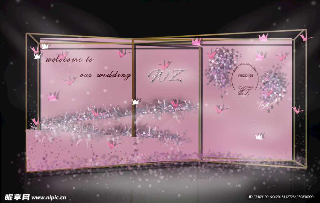 粉紫色浪漫婚礼迎宾区效果图