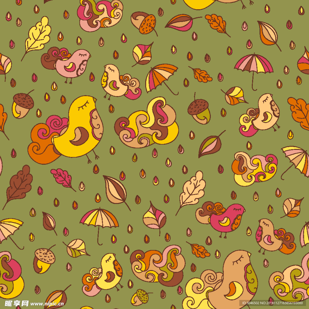 秋季落叶小鸟时尚纹理无缝图案