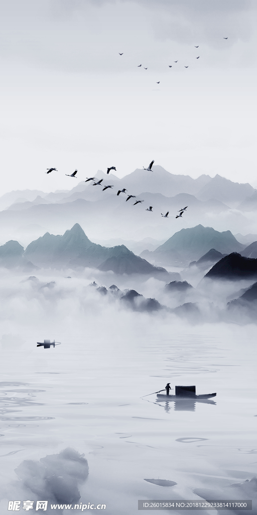 新中式意境水墨山水玄關背景