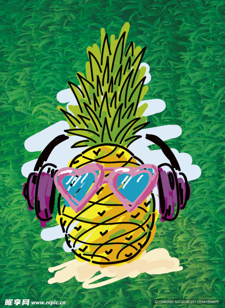 带耳塞听音乐的菠萝