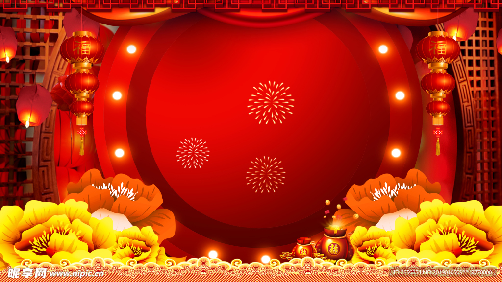 牡丹圆形拱门新年喜庆背景