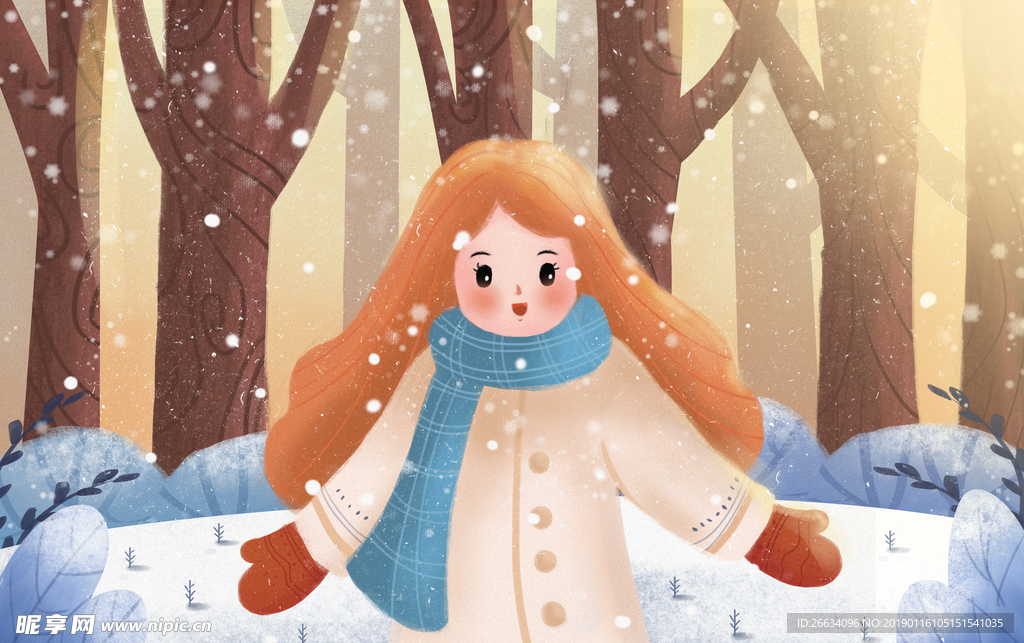 温暖冬日在阳光下玩雪的女孩