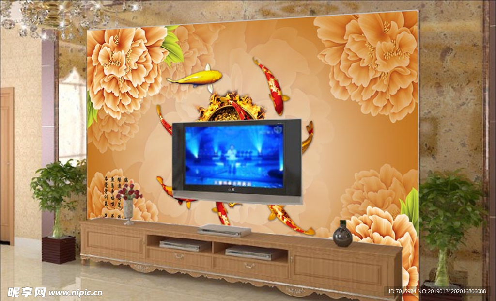 客厅电电视背景墙富贵牡丹鱼