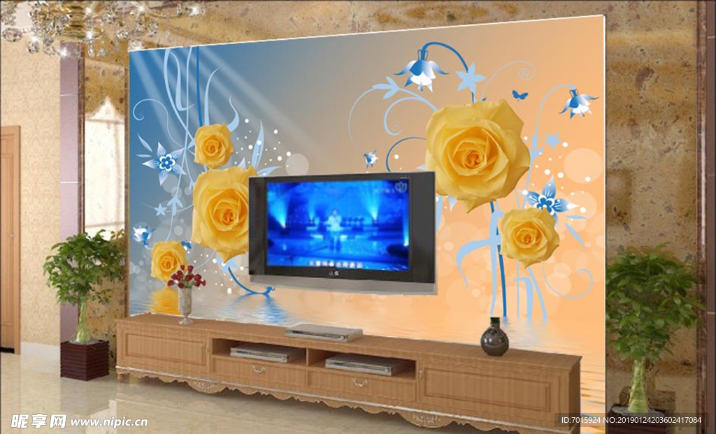 客厅3D玫瑰 花纹电视墙 客厅