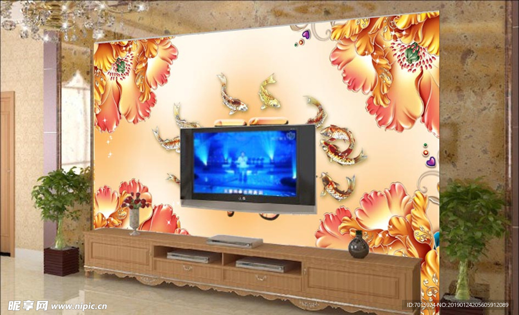 客厅富贵牡丹鱼电视背景墙图片