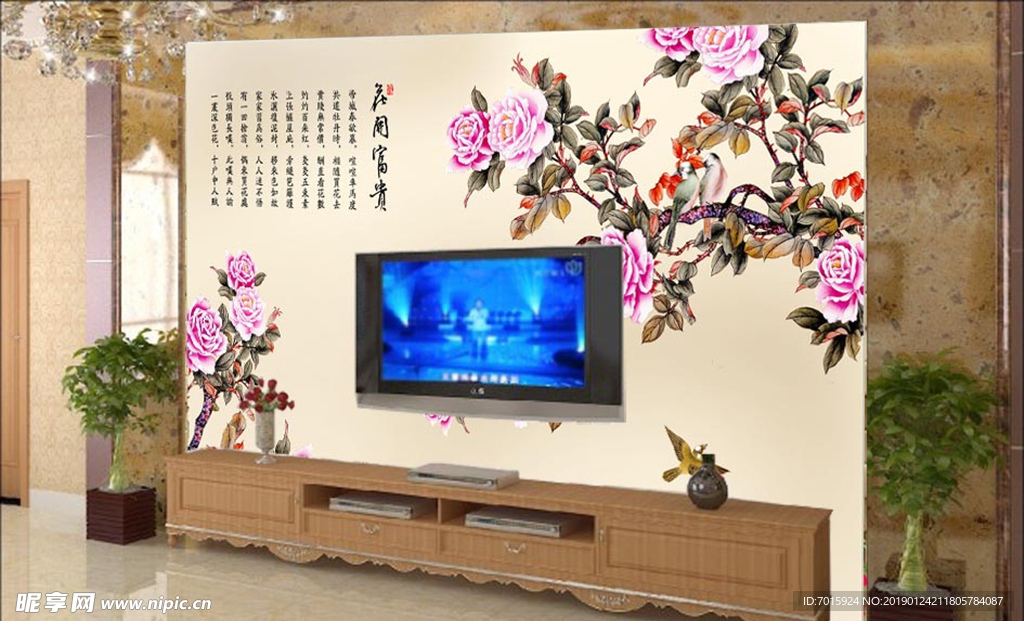 电视背景墙牡丹花背景