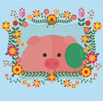 彩色你好春季花卉框架可爱动物猪
