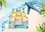 水彩绘蓝色夏季度假沙滩旅行箱