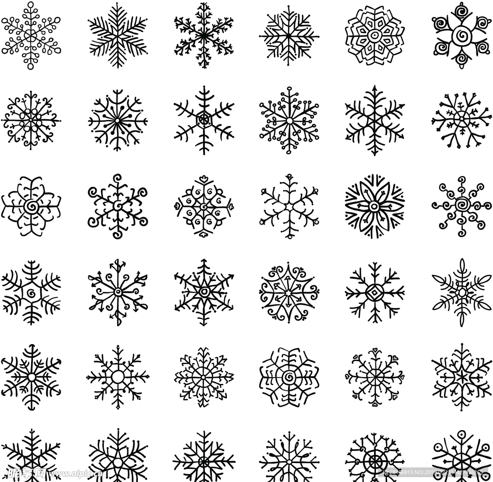 手繪黑白雪花圖案AI矢量