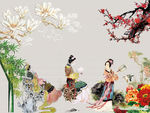 新中式山水花鸟美女背景墙