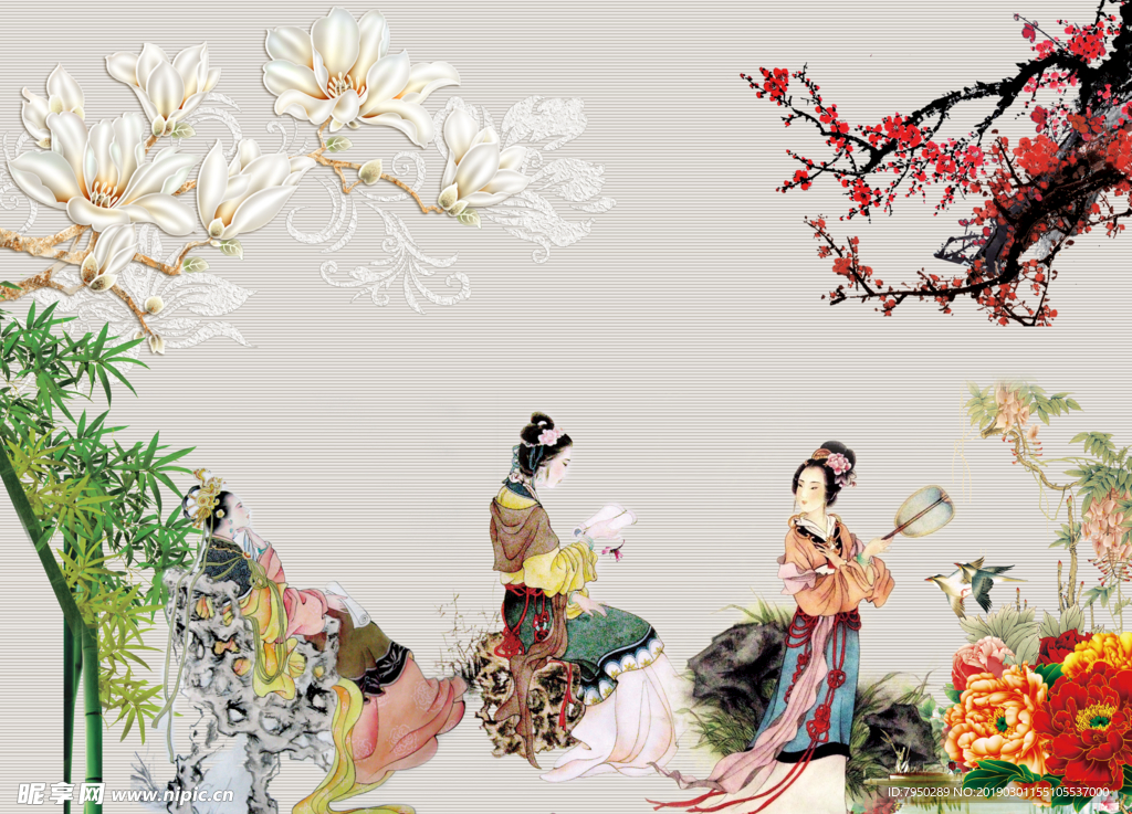 新中式山水花鸟美女背景墙