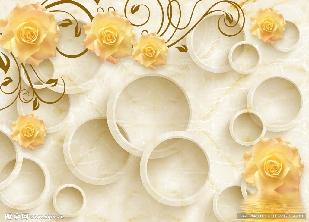 黄玫瑰圆圈3D背景墙