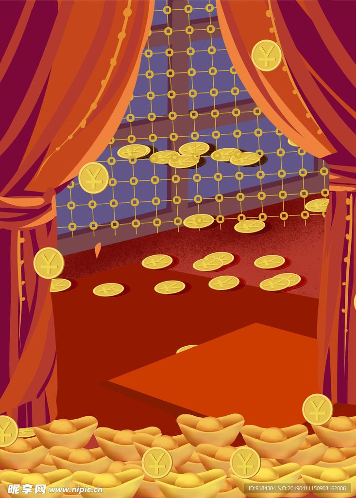金币金条金色背景舞台幕布铜钱图