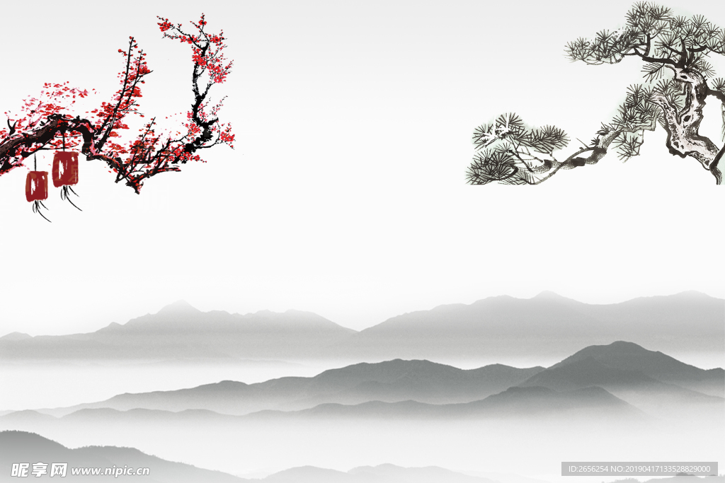 中國風梅花松樹水墨背景