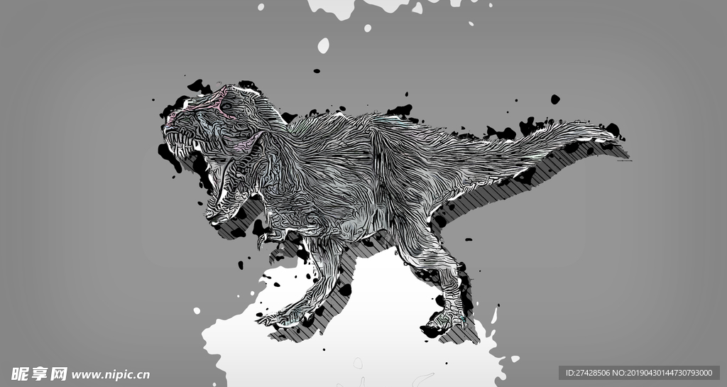 纯手绘素描加泼墨分层恐龙背景图