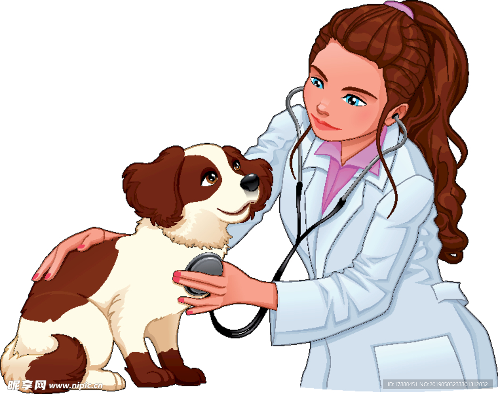 卡通女兽医和宠物狗