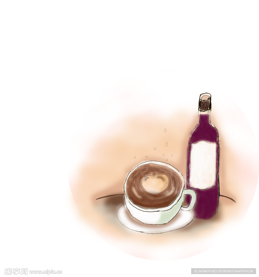 手绘插画红酒和咖啡