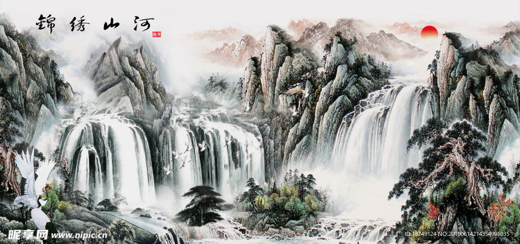 新中式国画锦绣山河电视背景墙