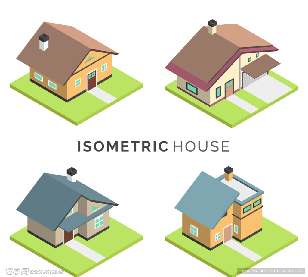 4款彩色立体房屋设计矢量图