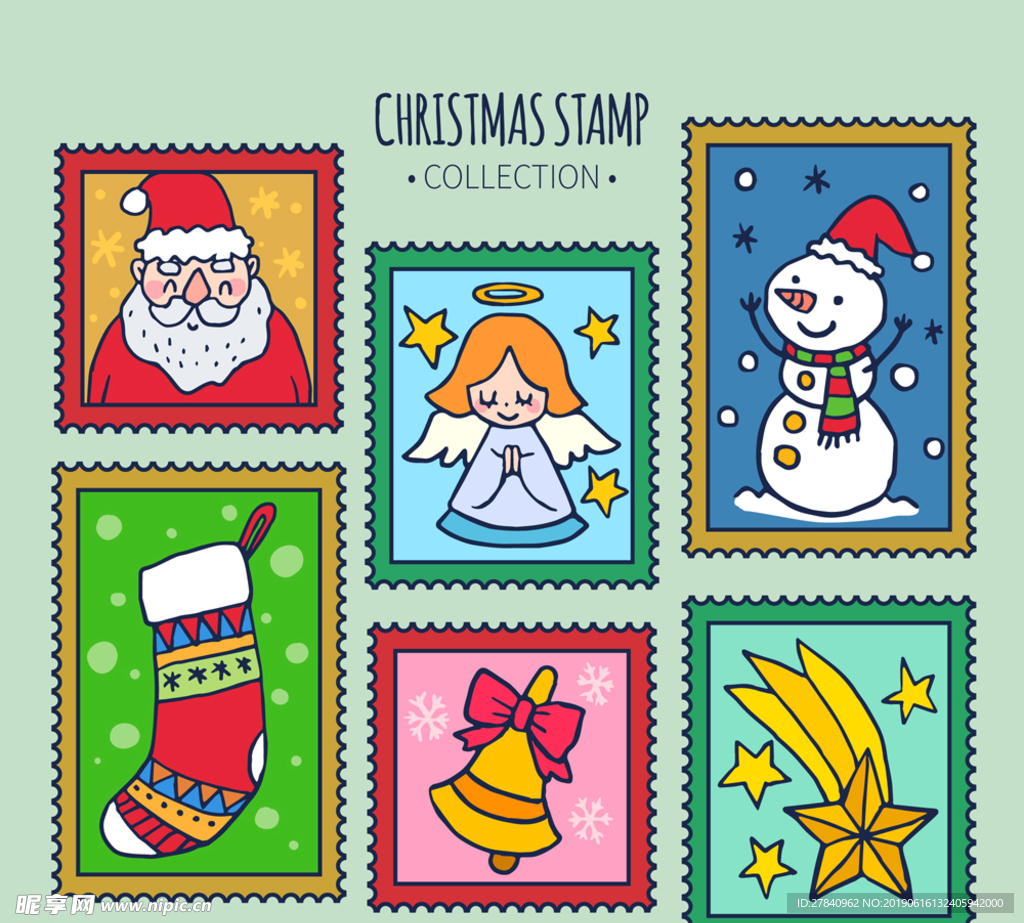 6款彩绘圣诞元素邮票矢量素材