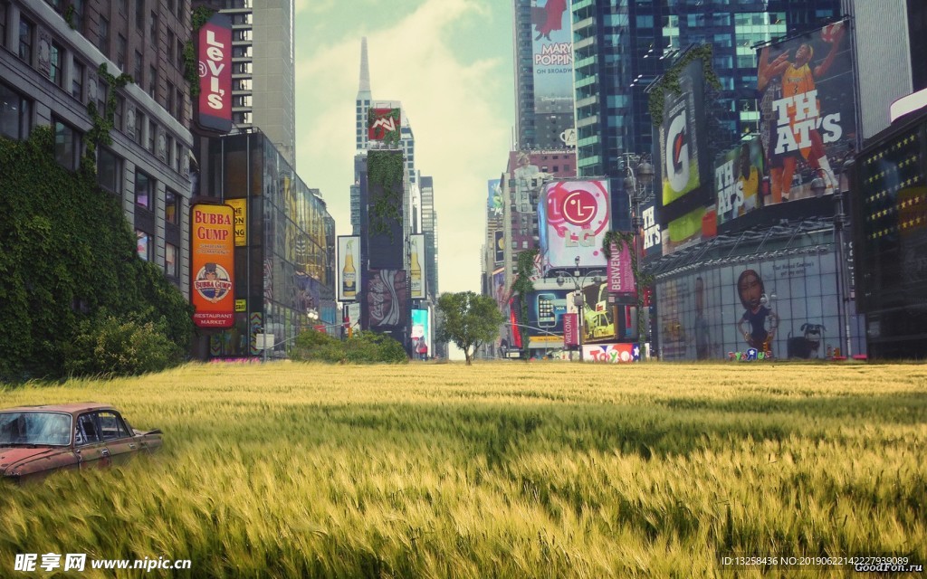 城市草地高樓大廈