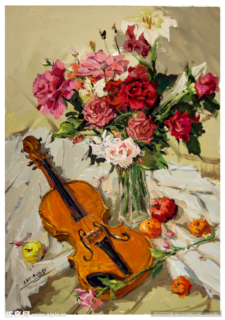 手绘小提琴音乐油画