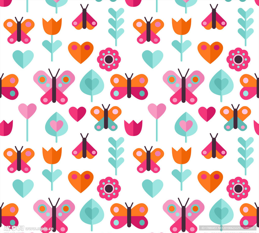 彩色扁平化蝴蝶和花卉无缝背景