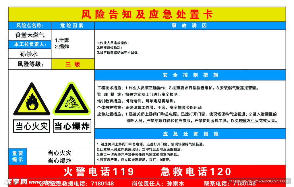 食堂天然气风险告知及应急处置卡