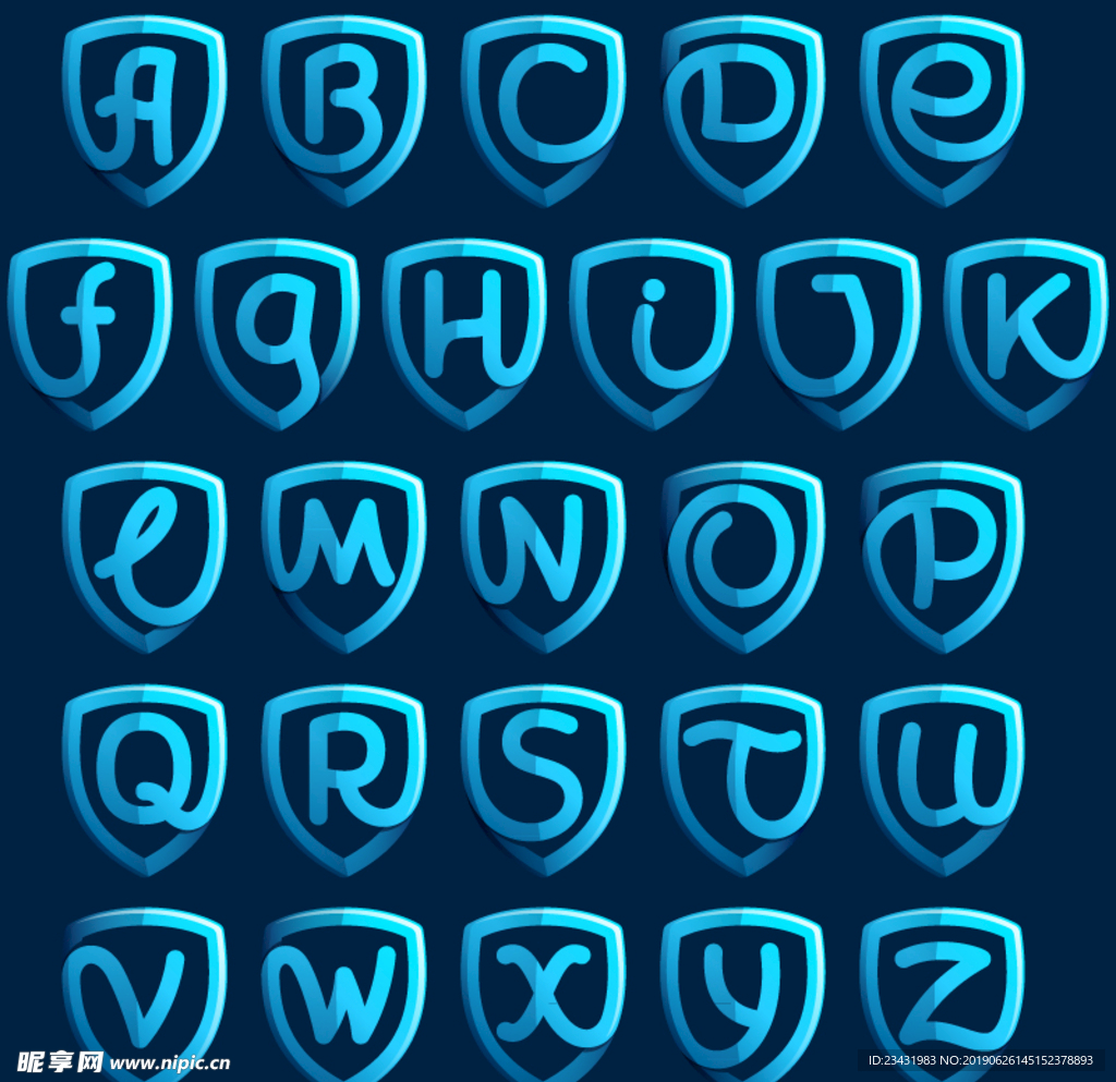 26个蓝色盾牌字母矢量素材