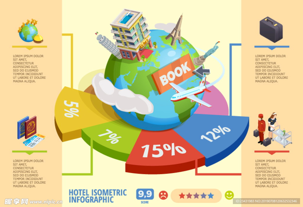 创意环球旅行立体酒店信息图矢量