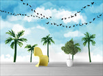 飞鸟椰树天空水彩背景墙