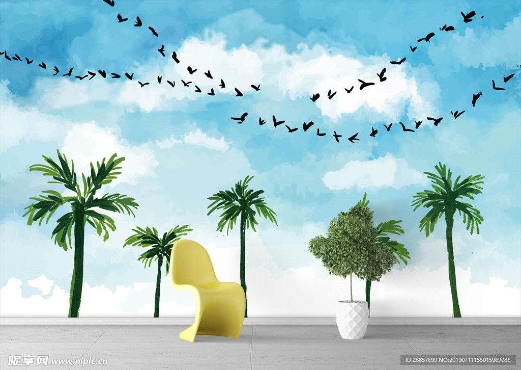 飞鸟椰树天空水彩背景墙