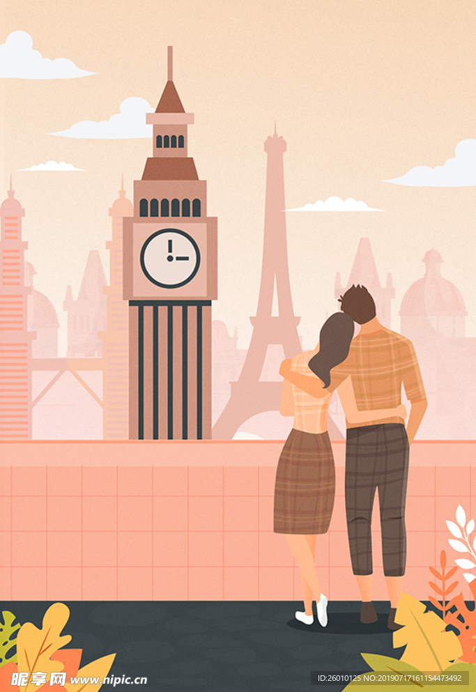 情侣巴黎出国旅游大本钟风景建筑