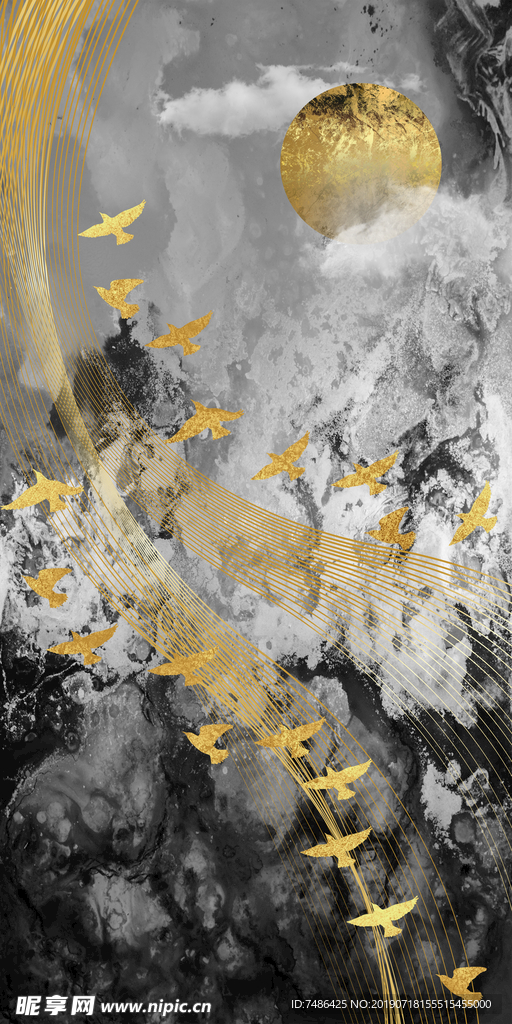 新中式抽象飞鸟金色线条挂画