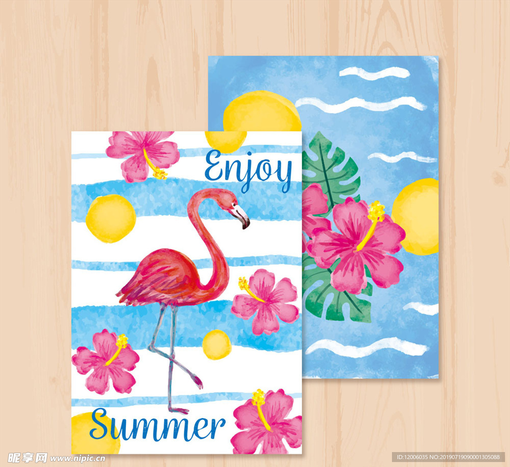 2款彩绘火烈鸟和扶桑花卡片