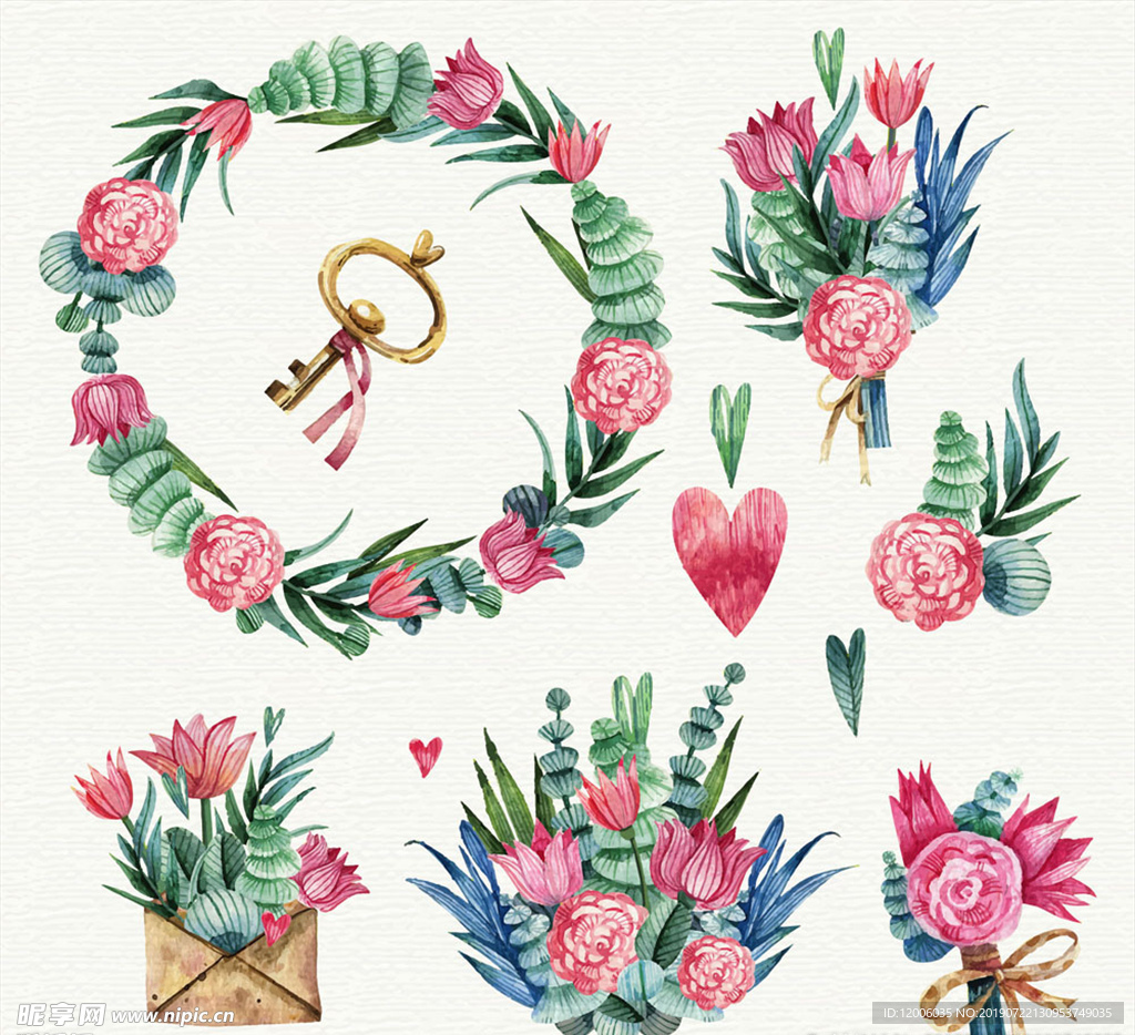 6款彩绘粉色花束和花环