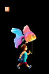 小女孩牵着金鱼气球