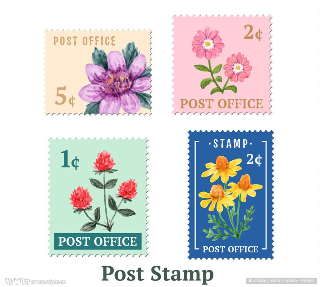 4款彩绘花卉邮票设计