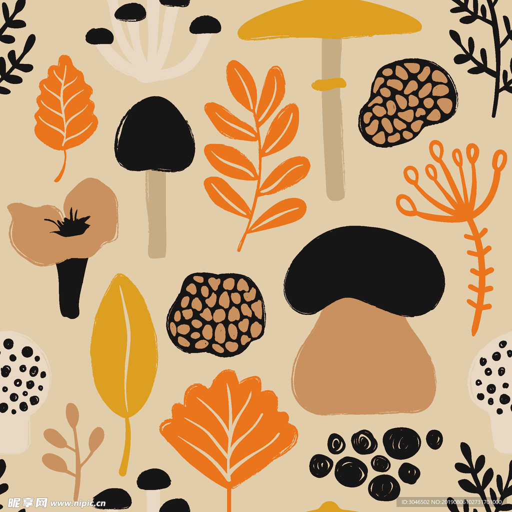 暖色温馨蘑菇创意抽象图案无缝背