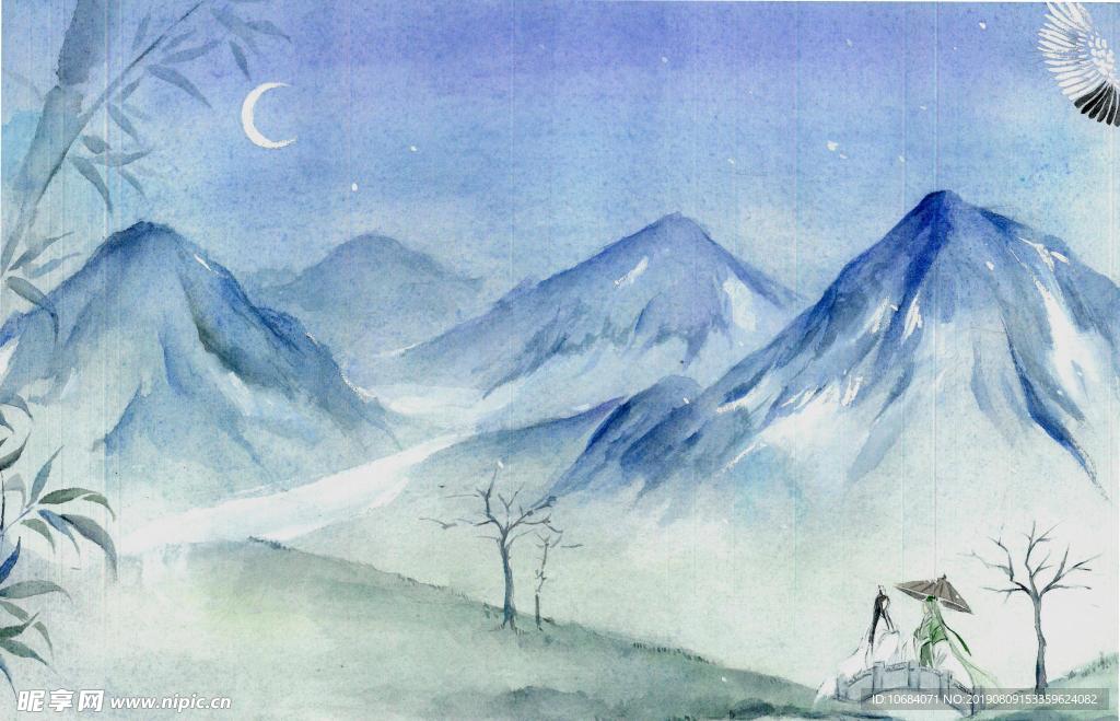 手繪水彩中國風山水畫背景