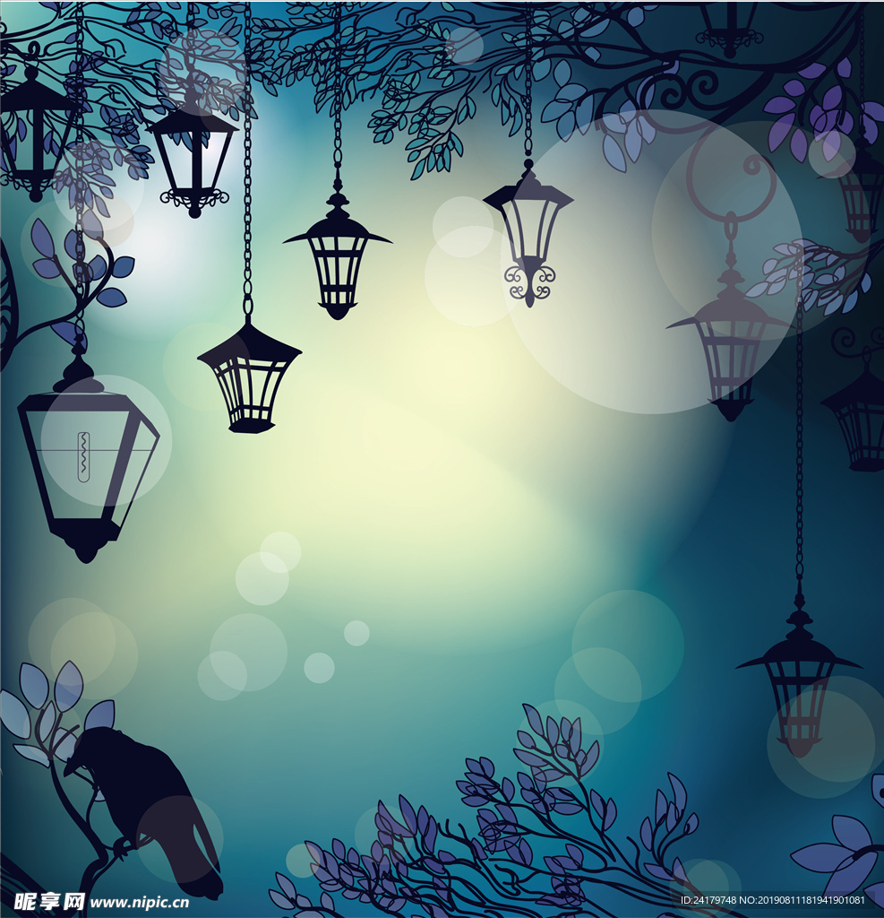精致冷色调夜景欧式吊灯树木树叶