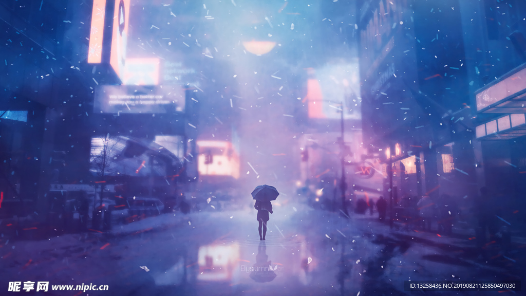 風雪城市行人街道燈光
