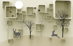 3d方框方块小鹿树林现代壁画
