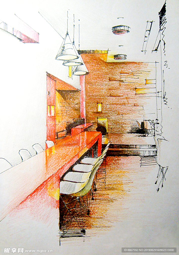 现代简约风餐厅一角彩铅手绘
