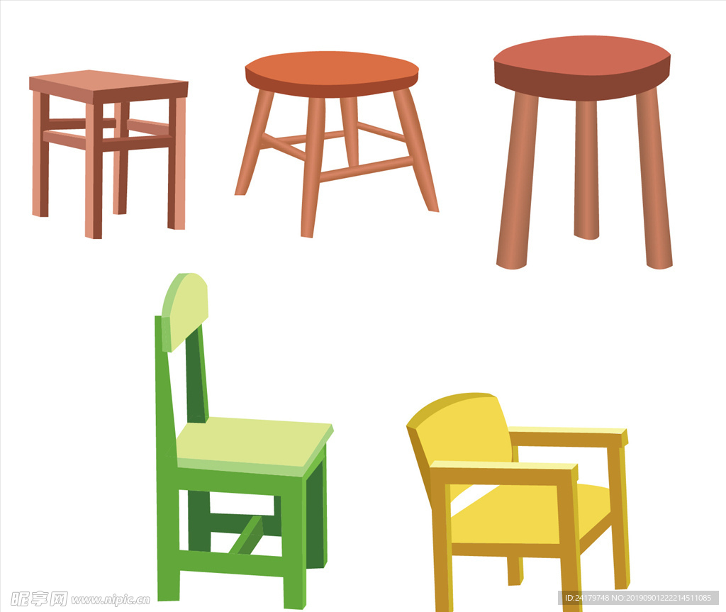5款木凳子不同款式不同颜色矢量