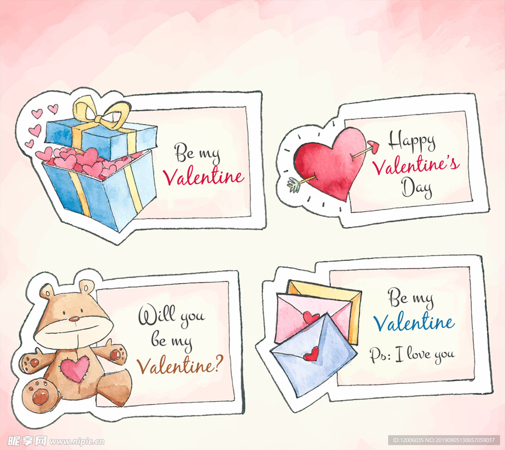 4款彩绘情人节元素卡片